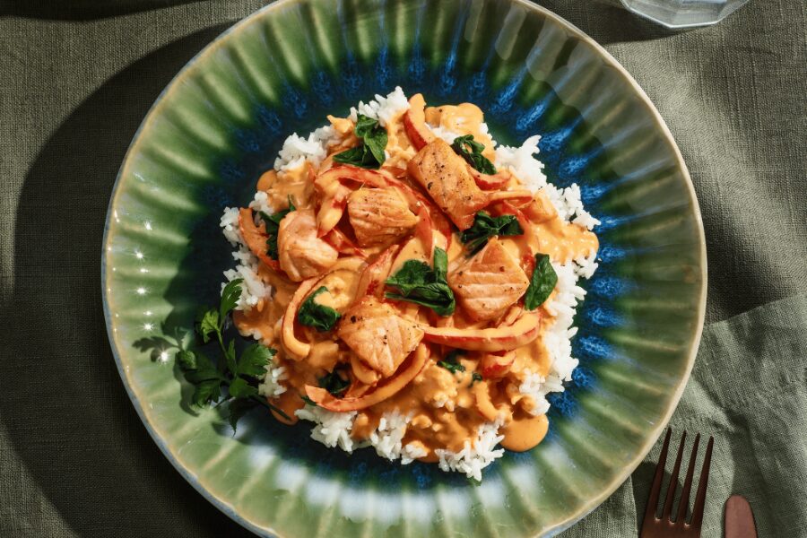 curry rojo servido con arroz